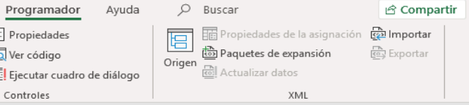 Grupo de opcóns XML na lapela Programador