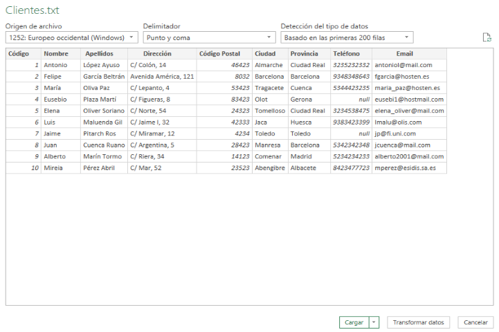 Captura de importación de ficheiro de texto clientes.txt