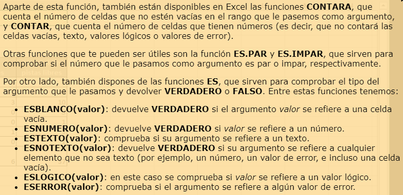 Explicación doutras funcións en Excel