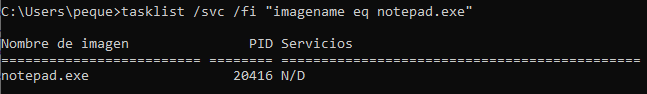 Obtendo información do proceso notepad.exe con tasklist