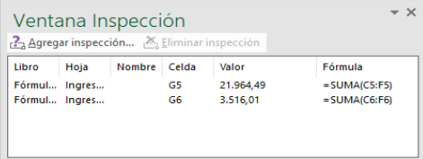 Valores en Ventana inspección