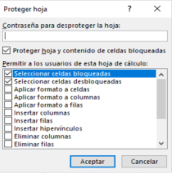 Opcións de protexer folla