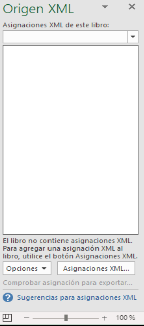 Panel de tarefas Origen XML